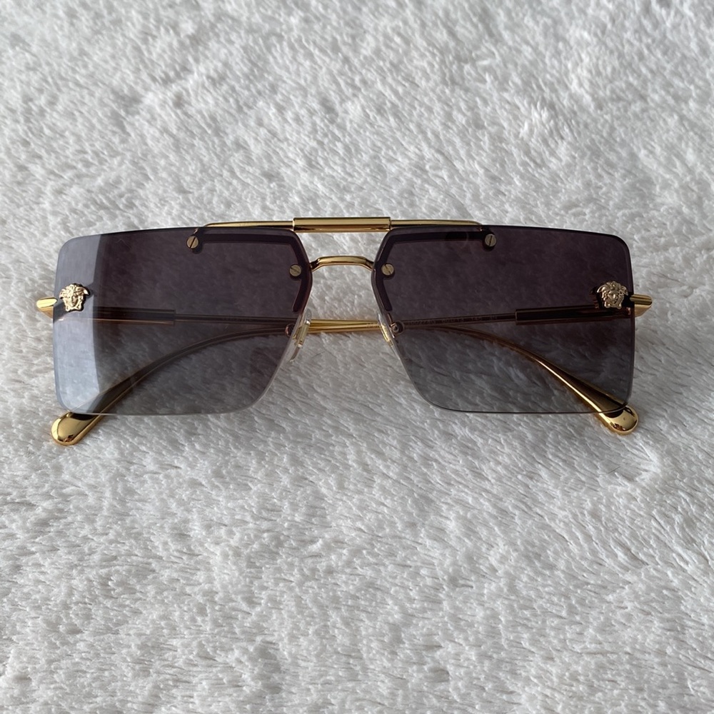 Versace Rectangular Rimless Sunglasses (Gold/Gray) - image 8